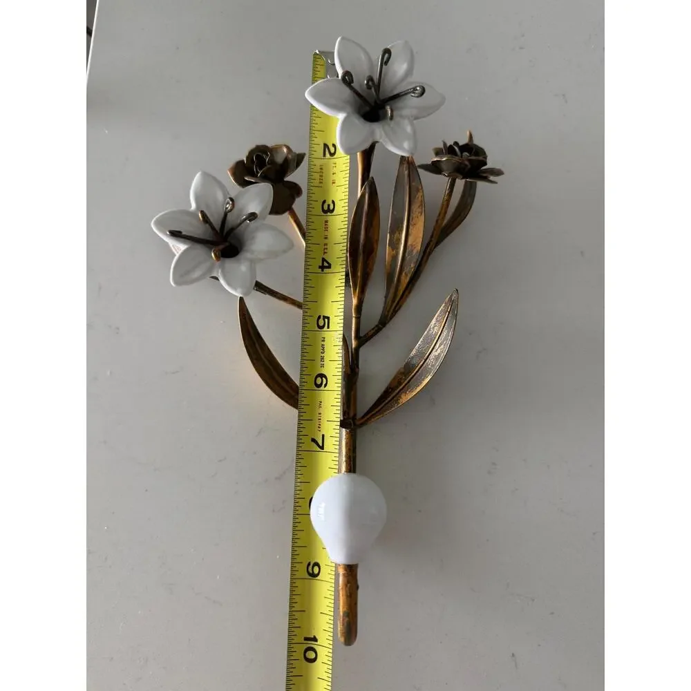Vintage Italian Tole Wall Hook White Porcelain Lilies Gilt Florentine Decor